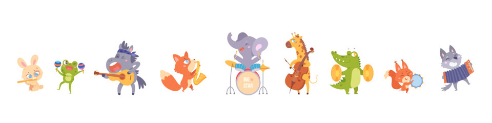 Cute animals musicians play music set, funny baby elephant bunny frog crocodile fox wolf