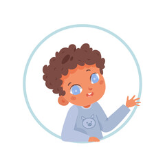 Avatar of serious and thoughtful boy. Child face character icon. Colorful cartoon flat vector illustration isolated on white background. A dark-skinned kid with raised hand speaks with friends