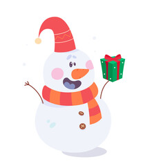 Cute snowman greeting with gift, funny character in scarf and hat holding box with bow