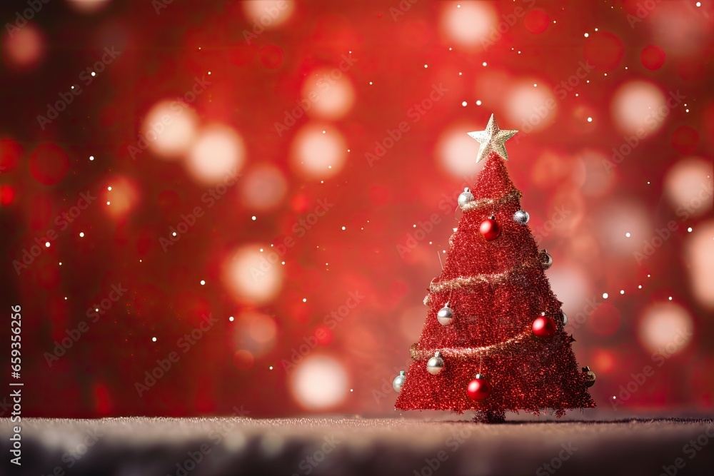 Poster christmas tree on red background with bokeh. christmas and new year concept, christmas tree with orn