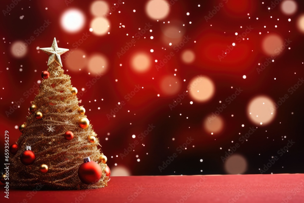 Poster christmas tree on red background with bokeh effect. 3d rendering, christmas tree with ornament and b