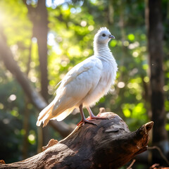 white peacock chick on a tree trunk