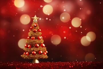 Fototapeta na wymiar Christmas tree on red bokeh background. 3D illustration, Christmas Tree With Ornament And Bokeh Lights In Red Background, AI Generated