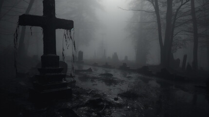 霧に包まれ、雨が降る墓地の不気味な墓石のクローズアップ - obrazy, fototapety, plakaty