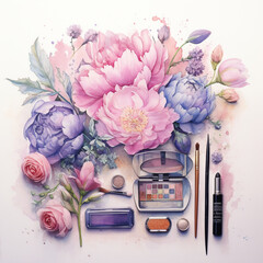 Obraz na płótnie Canvas 化粧道具と牡丹の水彩イラスト