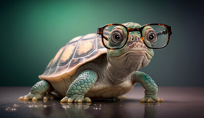 Adorable green turtle wearing glasses poses in a studio setting. Perfect for charming and playful themes, adding a touch of cuteness to your projects.