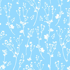 A delicate seamless small pattern with white silhouettes of flowering field grasses on a blue background. Print for a summer dress. For fabric and textiles.