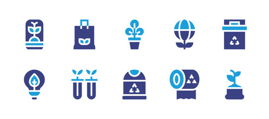Fototapeta na wymiar Ecology icon set. Duotone color. Vector illustration. Containing eco packaging, lightbulb, bulb, science, recycle bin, tissue paper, bin, world globe, growth, plant.