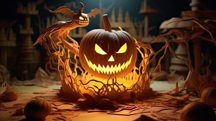 Halloween background with spooky glowing pumpkin