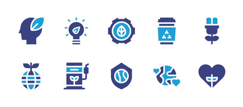 Ecology icon set. Duotone color. Vector illustration. Containing eco fuel, eco light, ecology, gear, recyclable, planet, bio energy, grow, shield.