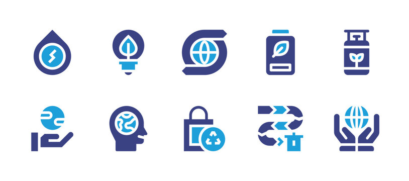 Ecology icon set. Duotone color. Vector illustration. Containing world, water, save the planet, light bulb, consciousness, recycling, resources, battery, flow, biogas.
