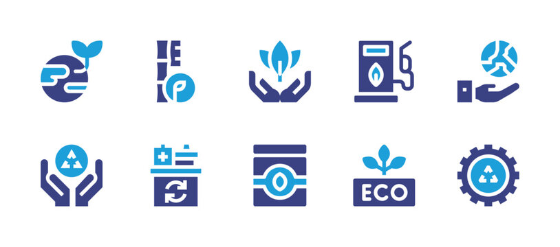 Ecology icon set. Duotone color. Vector illustration. Containing eco fuel, eco, globe, recycling bin, toothbrush, batteries, planet earth, cogwheel, plants, seeds.