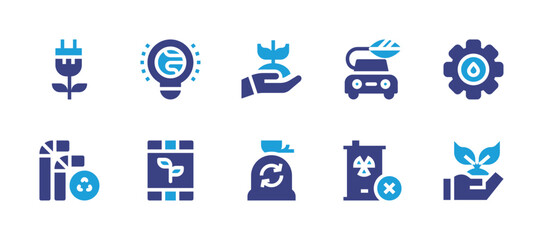 Ecology icon set. Duotone color. Vector illustration. Containing eco car, bioenergy, recycling, light bulb, planting, garbage bag, water drop, plant, nuclear, fertilizer.