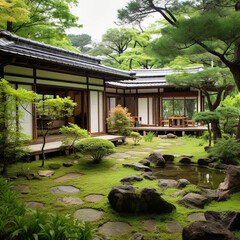 Fototapeta na wymiar 屋根とささやかな庭のある日本家屋