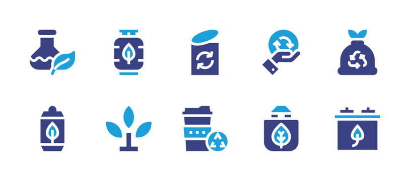 Ecology icon set. Duotone color. Vector illustration. Containing reusable, flask, can, reduce, battery, recycling, biogas, sprout.