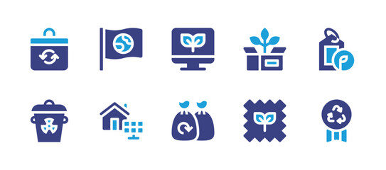 Fototapeta na wymiar Ecology icon set. Duotone color. Vector illustration. Containing package, material, flag, solar cell, tags, recycle, computer, garbage, recycle bag, residue.