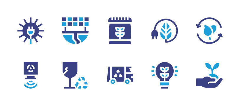 Ecology icon set. Duotone color. Vector illustration. Containing renewable energy, innovation, earth, glass, seed bag, garbage, recycling, plant tree, sun energy, radiation.