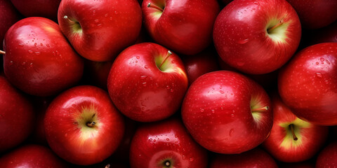 Close up of fresh red apples, upper view background 