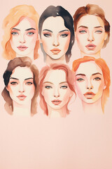 Women faces watercolor illustration horizont