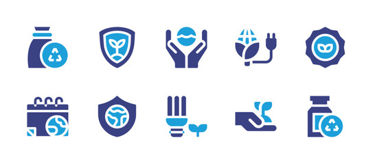Ecology icon set. Duotone color. Vector illustration. Containing garbage, badge, biomedical waste, biomass, world oceans day, reforestation, light bulb, mother earth day, shield, environment.