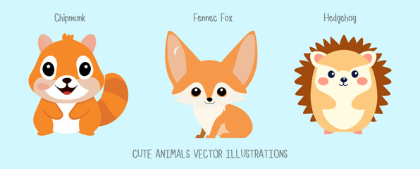 Cute animals wildlife character vector illustrations chip munk fennec fox Hedgehog  zoo design for kid 