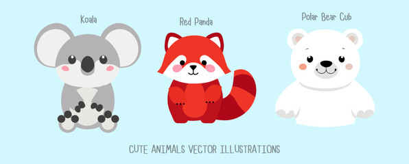 Cute animals wildlife character vector illustrations koala red panda polar bear zoo design for kid © ต' ต๊ะ