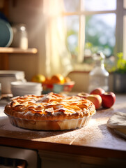 Delicious homemade apple pie on wooden kitchen table, blurred background with a window and sunlight