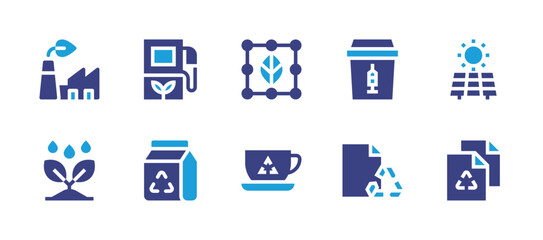 Ecology icon set. Duotone color. Vector illustration. Containing factory, eco fuel, paper, solar panel, recycling, carton, recyclable, farming, plant.