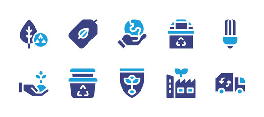 Ecology icon set. Duotone color. Vector illustration. Containing recycling, eco tag, lamp, food container, recycling truck, factory, save the planet, shield, plant care.