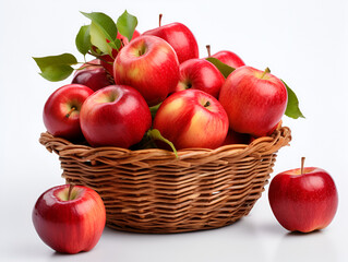 Fresh red apples in a basket, white background