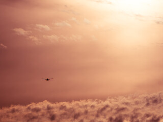 Man sieht ein kleines Flugzeug von hinten wie es in den ruhigen Abendhimmel aufsteigt und in die...