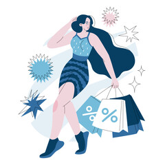 Happy woman dancing with shopping in her hands. Good deal. Period of discounts and sales. Vector illustration isolated on white background.
