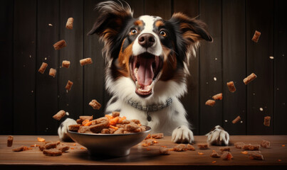 Happy dog is enjoying his food