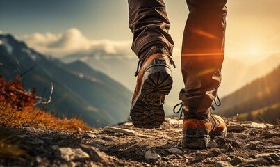 Close up photo of hiker boots on mountains during hiking. - obrazy, fototapety, plakaty