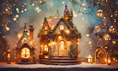 A small fairy tale cottage in a winter snow covered forest illustration, Christmas background with woodland house made by gnomes and trolls