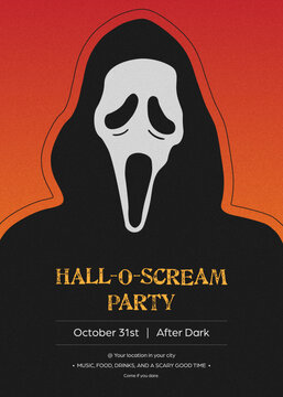 Halloween party invitation, flyer, poster, with scary, screaming ghost face in flat, minimalistic style. Replaceable text.