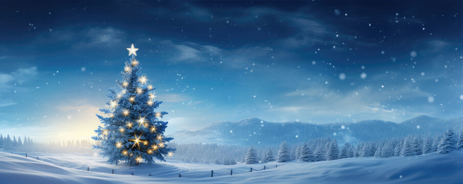 Beautiful christmas tree in fairytale snowy landscape. Wallpaper and background. Mery Christmas theme.