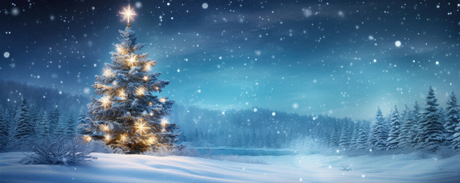 Beautiful christmas tree in fairytale snowy landscape. Wallpaper and background. Mery Christmas theme.
