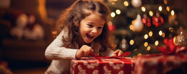 Happy cute girl is surprised in opening his christmas presents. Merry Christmas theme. - obrazy, fototapety, plakaty
