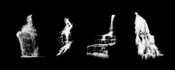 A set of different waterfalls on a black background. Template illustration