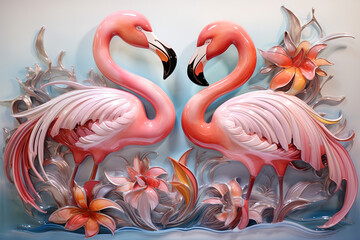 Two flamingos on a tropical plant background. Digital painting.