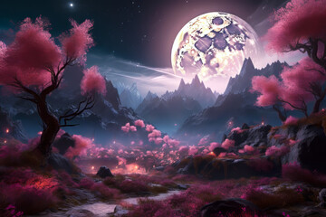 Surreal Fantasy Landscape.  Generated Image.  A digital rendering of a fantastical, surrealistic landscape on a unknown planet at an unknown time.
