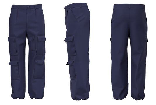 Men's cargo pants isolated. Mockup of plain navy blue cargo. Pants for daily activities cargo, menswear. Modern fashion