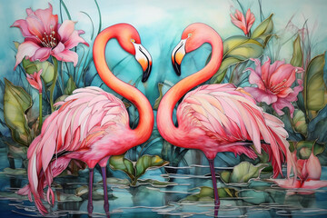Two flamingos on a tropical plant background. Digital painting.