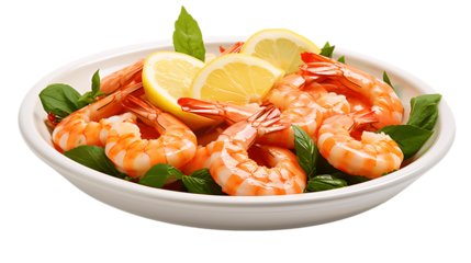 Plates with Shrimps and Lemon Slices Isolated on Transparent or White Background, PNG