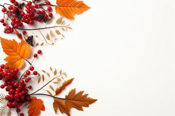 Naklejka na ściany i meble Autumn frame border of leaves and berries on a white background
