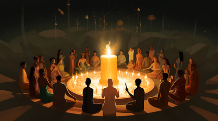 a serene visual of people from different cultures joining hands in a circle around a candlelit shrine to honor a spiritual leader's memory, reflecting on unity, spirituality, and shared values