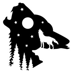 Wolf Howls an Moon, Hand Drawn Vector Illustration