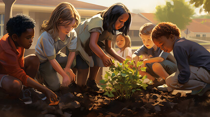 an image of a multicultural group of students planting a memorial garden at their school in honor of a beloved teacher, symbolizing growth, learning, and the enduring impact of education