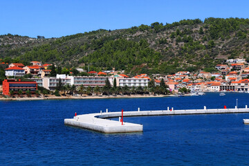 Promenade in Vela Luka, picturesque small town on island Korcula, Croatia.